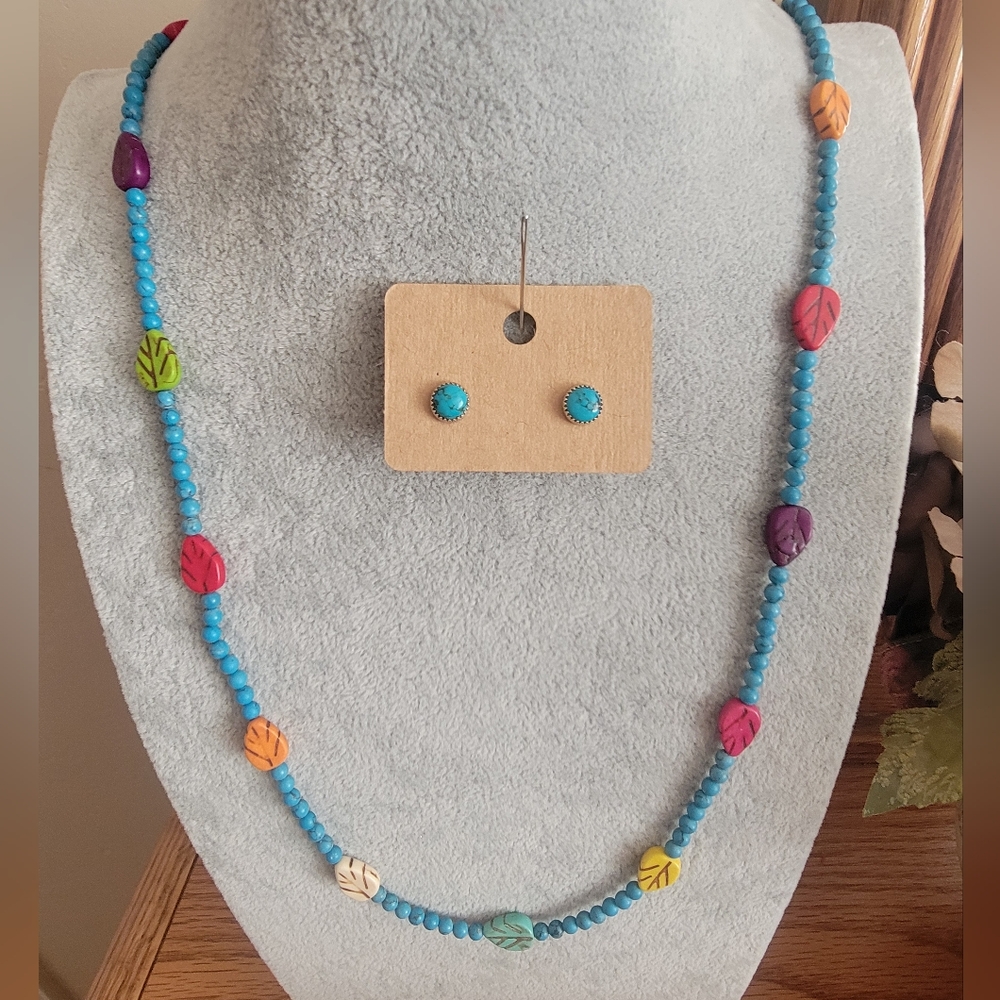 Stone Necklace Faux Turquoise Beads w/Multi-colored Etched Leaves and Earrings.